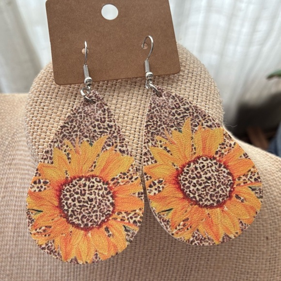 Jewelry - Sunflower Teardrop Leatherette Earrings in Orange & Brown